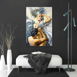 futuristic hooded model and hugging man roll up canvas, stretched canvas art, framed wall art painting