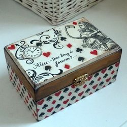 alice in wonderland wooden jewelry keepsake box. gift for girl. time capsule. baby shower gift.
