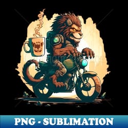 lion monster in ice riding motorcycle drinking coffee - high-resolution png sublimation file - capture imagination with every detail