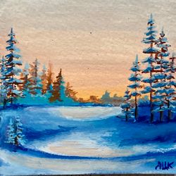 Original Landscape Painting, Framed Small Watercolor, Snow Painting, Forest Painting, Small Wall Decor