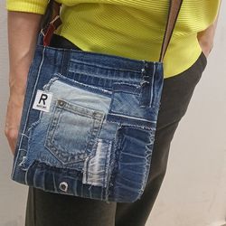 Cute small blue denim handmade bag in Pechwork stile-shoulder purse