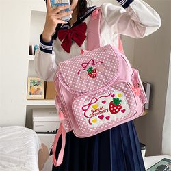 Kawaii Kids School Bag Cute Strawberry Embroidery Student Mochila Dots Multi-Pocket Nylon Fashion College for Teenager