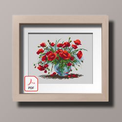 cross stitch pattern vase rose red flowers beautiful instant dowloand pdf digital