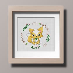 cross stitch pattern fox nature small instant download pdf flowers mini