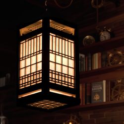 Japanese-style hanging night light lantern made of wood and shoji paper