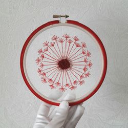 Hand embroidered dandelion on tulle, Make a Wish, red velvet hoop art, handmade wall decor