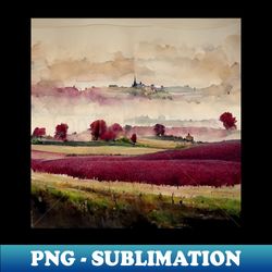 Watercolor Painting Landscape of Burgundy Fields - Creative Sublimation PNG Download - Bold & Eye-catching