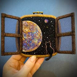 3D Mercury Space planet landscape, Cat on the Window, Cats lover gift, Felted and Embroidered Wall hanging wall art