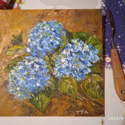Art original oil painting.Three blue hydrangea flowers. Palette knife, impasto