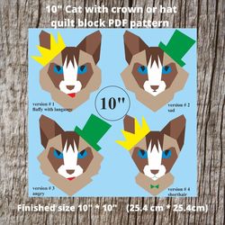 10in cat with crown or hat (right/left) quilt block pdf patterns in technology paper piecing, cat quilt gift.
