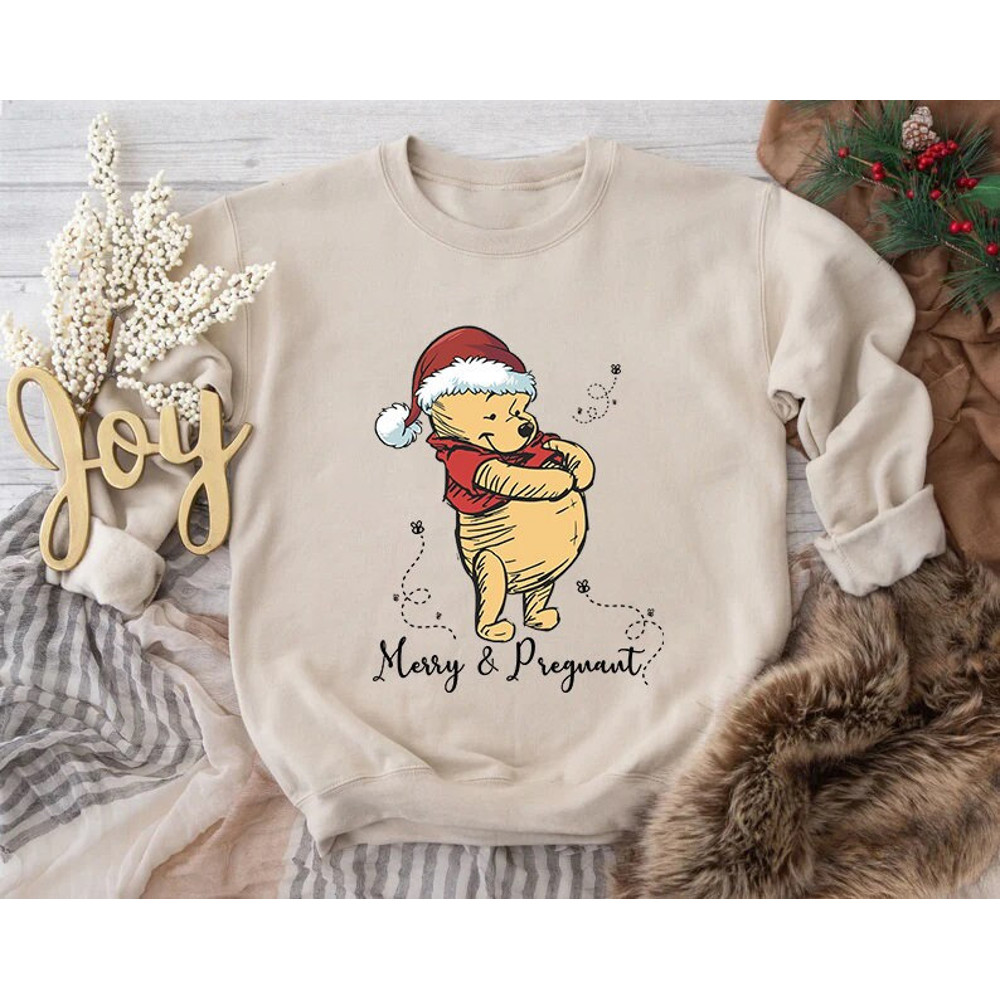 Merry and Pregnant Sweatshirt, Winnie The Pooh Sweater, Pregnancy Reveal, Baby Announcement, Christmas Maternity, Christmas Pregnancy.jpg