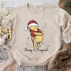 merry and pregnant sweatshirt, winnie the pooh sweater, pregnancy reveal, baby announcement, christmas maternity, christ