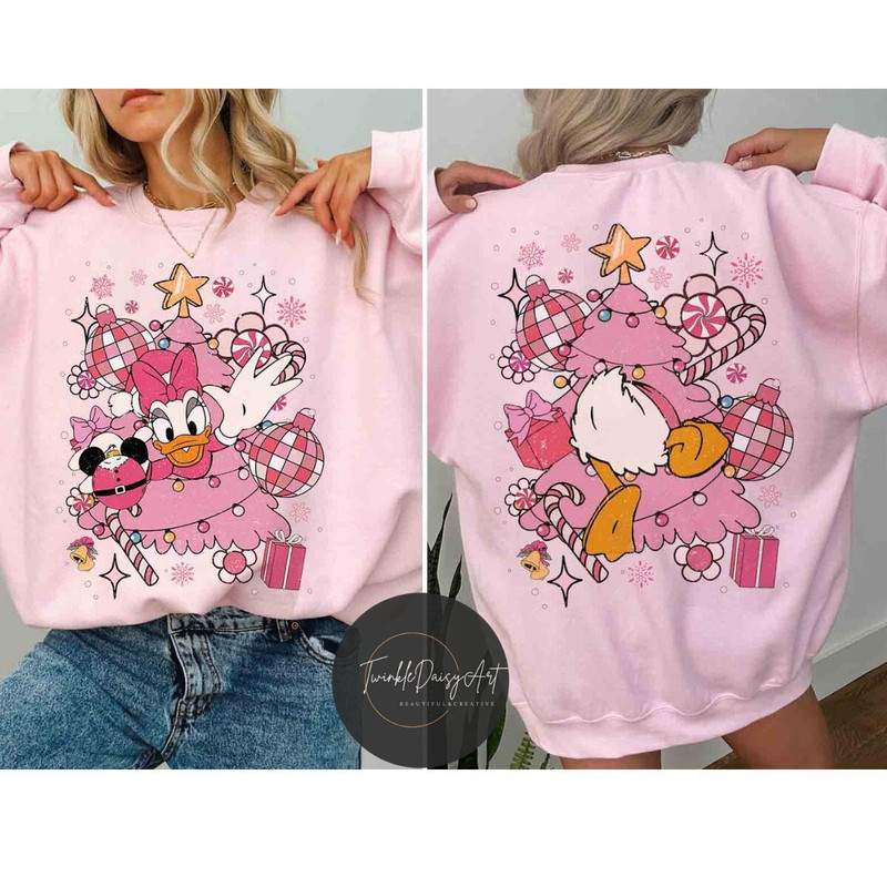 Multi-character 2-sided Minnie Daisy Disney Pink Christmas shirt, Pink Christmas tree shirt, Disney with my bestie shirt, couple matching.jpg