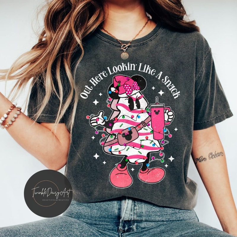 Out here lookin' like a snack Minnie Christmas tree cake shirt, Pink Christmas tree cake bougie shirt, Belt bag & Tumbler style sweatshirt.jpg