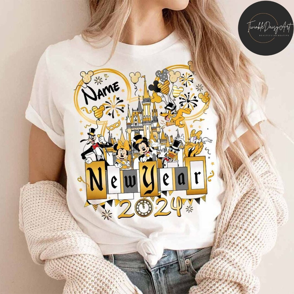 Personalized Disney Happy New Year 2024 Shirt, Mickey and Friends New Year's Eve Party, Disney Family Vacation 2024, Disney Castle Balloons.jpg