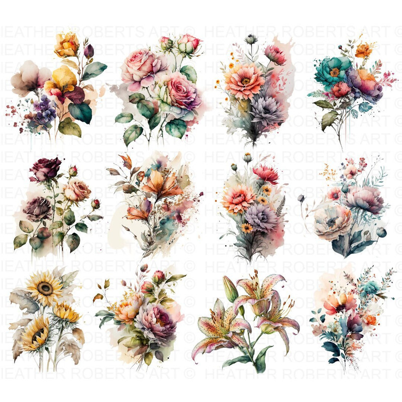 Watercolor Flowers Clipart, Floral Clip Art, Mini Floral Bouquet PNG, Flower Bouquet PNG, Spring Summer Wedding, Bridal Shower Graphics.jpg