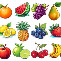 fruit clipart set , fruits png, clipart set of strawberry, apple, cherries, orange, orange, pear, berries