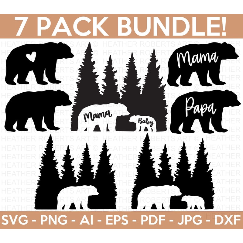 Bear SVG Bundle, Bear Silhouette SVG, Papa Bear svg, Mama Bear svg, Family Bear svg, Bear in the Woods, Cut Files for Cricut, Silhouette.jpg