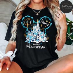 personalized mickey and friends disney hanukkah shirt, disney castle happy hanukkah, disney family jewish holiday matchi