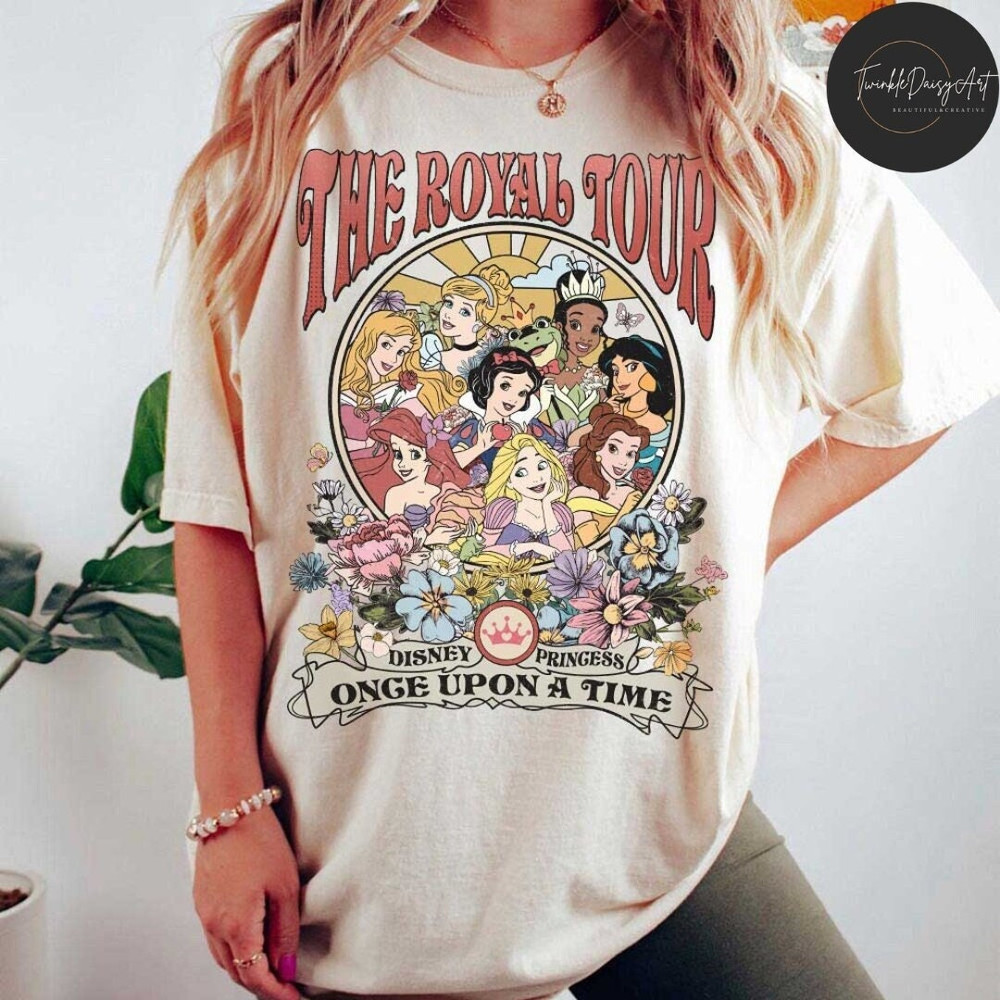 Vintage Retro Floral Disney Princess The Royal Tour Once Upon A Time Shirt, Disney Princess Characters Concert Music Shirt, Disney Girl Trip.jpg