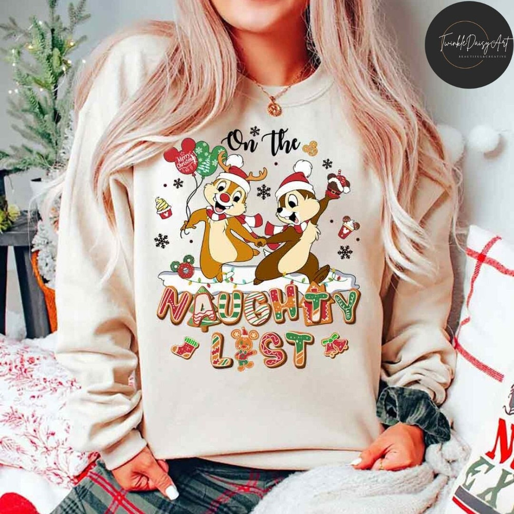 Funny Chip and Dale Christmas On The Naughty List Shirt, Disney Christmas Double Trouble Shirt, Gingerbread Disney Family Christmas Matching.jpg