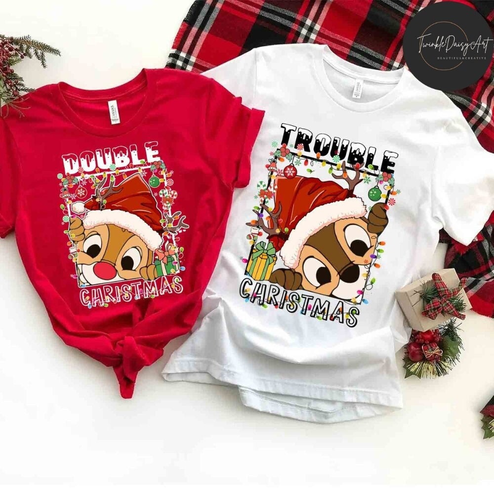 Funny Disney Chip And Dale Christmas Lights Shirt, Double Trouble Christmas Matching, Disney Family Christmas Party 2023, Disney Couples Tee.jpg