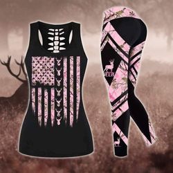 Hunting American Flag Pink Camo Combo Leggings And Hollow Tank Top HL