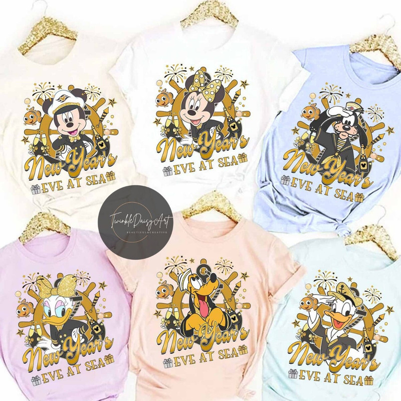 Multi-character New year's eve at sea Mickey and Friends Cruise Shirts, Disney Happy New Year Family shirts, Xmas Disney Cruise Squad Shirt.jpg