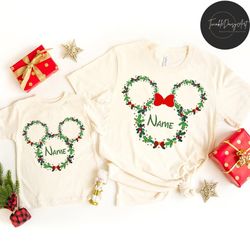 personalized mickey minnie ear disney christmas wreath shirt, floral disney family christmas shirt, mickey's very merry