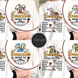 two-sided mickey and friends disney snacking around the world shirt, drinking around the world, disney epcot food and wi