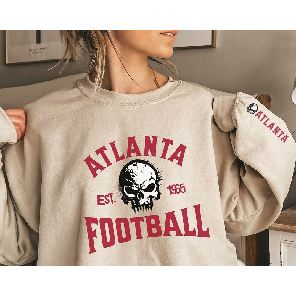 Atlanta Football Skull Sweatshirt With Printed Sleeve, Atlanta Skull Shirt, Atlanta Sweater, Football Crewneck, Footbal.jpg
