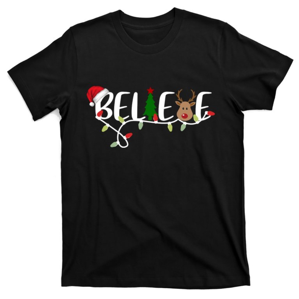 Believe Santa Claus Reindeer Christmas Festive T-Shirt.jpg