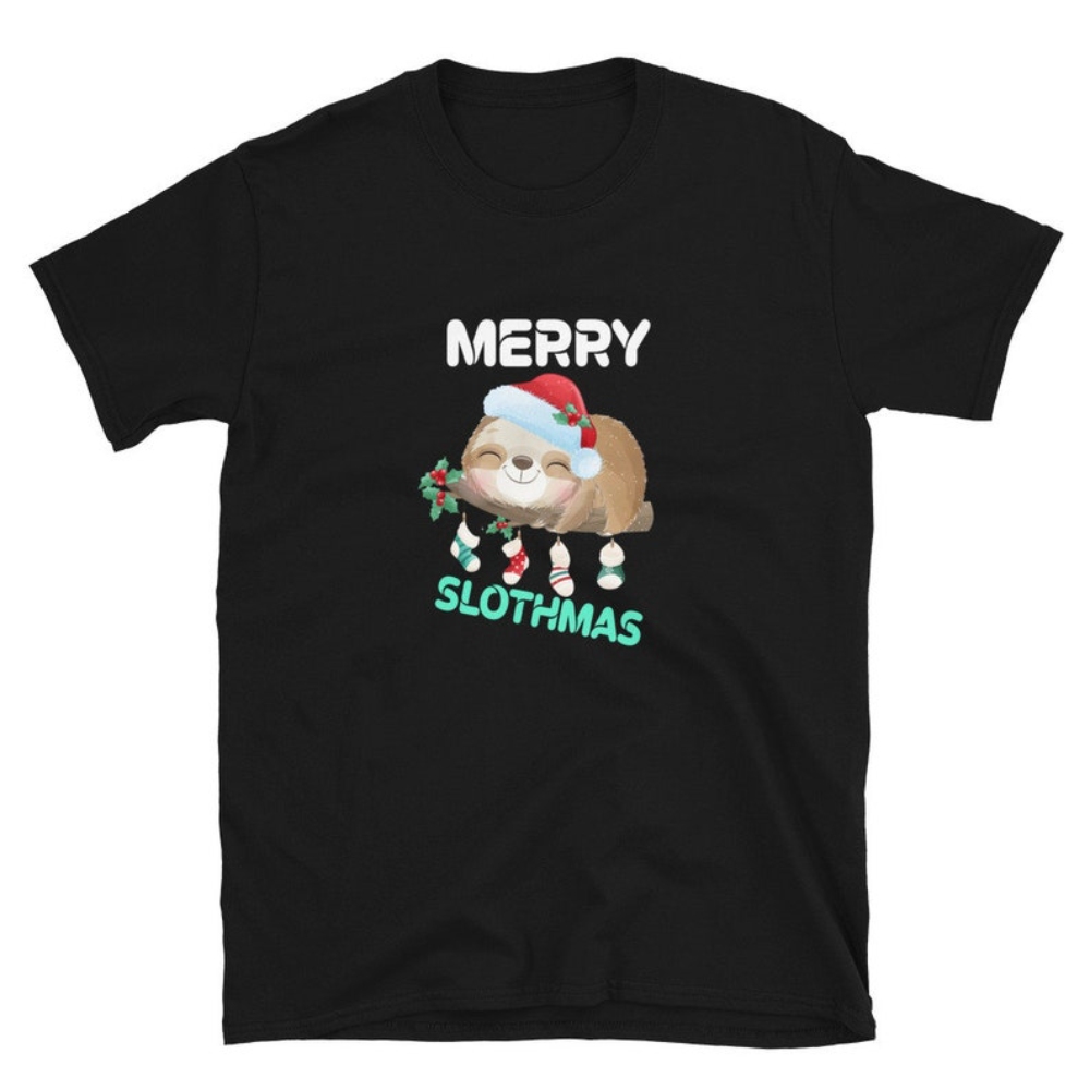 Merry Smile Slothmas Socks Tree Pajamas Funny Xmas Unisex T-Shirt.jpg