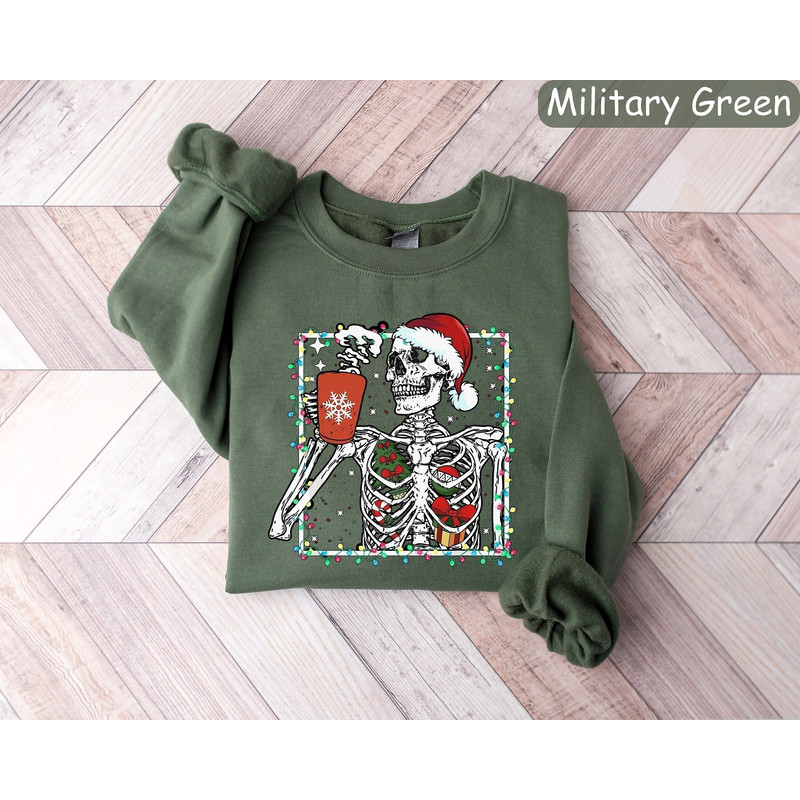 Christmas Skeleton Sweatshirt, Christmas Coffee Shirt, Coffee Lover Gift, Christmas Crewneck, Holiday Sweater, New Year Shirt, Xmas Tshirt.jpg