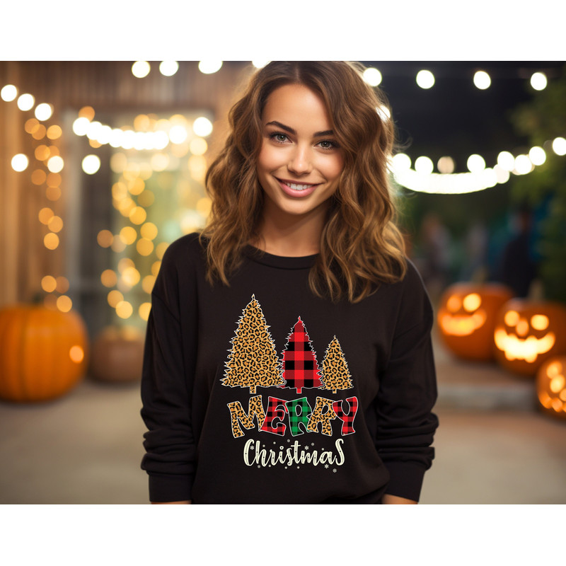 Buffalo Plaid Merry Christmas Sweatshirt, Leopard Print Christmas Tree Shirt, Cute Christmas Tees, Christmas Tees for Women, Christmas Gift.jpg