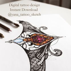Bottle Tattoo Designs Under Chest Tattoo Sketch Lace Ornament tattoo Idea, Instant download JPG, PNG