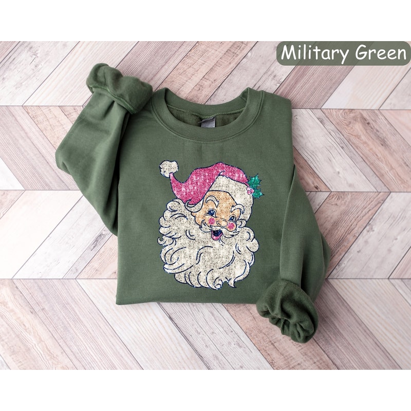 Retro Santa Sweatshirt, Faux Sequin Christmas Shirt, Christmas Gifts, Womens Christmas, Holiday Sweaters, Christmas Crewneck, New Year Shirt.jpg