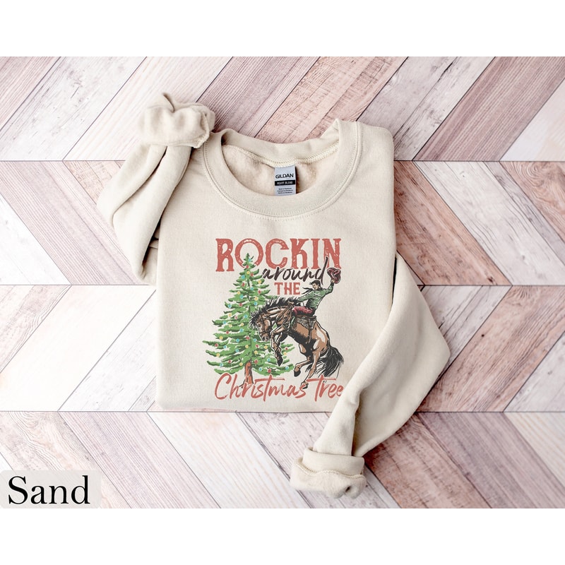 Rocking Around The Christmas Tree Sweatshirt, Women's Christmas Shirts, Retro Christmas Western Shirt,Cowboy Christmas Shirt,Holiday Sweater.jpg