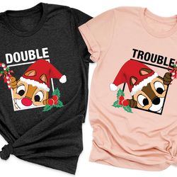 chip & dale christmas couple shirt, chip and dale xmas shirts, chipmunks gifts, snowmen, snowflake, double trouble, disn