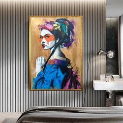 colorful woman canvas wall art, woman with makeup canvas print art, japanese woman canvas wall decor, traditional woman