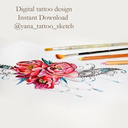 Peony Tattoo Design Color Peony Ornamental Tattoo Sketch Flowers Tattoo Ideas, Instant download JPG, PNG