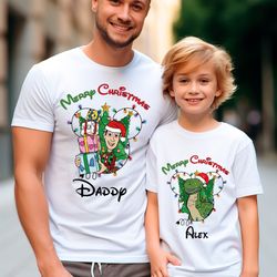 toy story christmas shirt, t-rex christmas shirt, buzz lightyear christmas tee, sheriff woody xmas tee, disney family ch