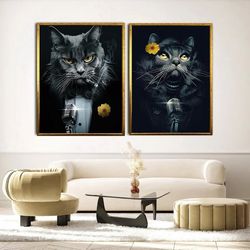 two cats singing canvas wall art, handsome cat canvas wall art, lovely cat canvas print art, cat canvas with yellow flow