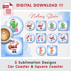 5 Cute Christmas Coaster Templates - Car Coaster Design - Sublimation Waterslade Pattern - Digital Download