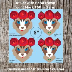 8in Cat quilt block with floral crown PDF pattern in technology Paper Piecing, cat quilt patterns, kitty quilt patterns