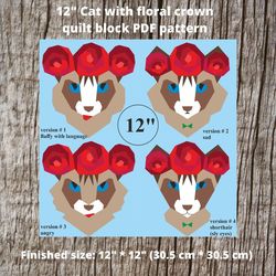 12in Cat quilt block with floral crown PDF pattern in technology Paper Piecing, cat quilt patterns, kitty quilt patterns