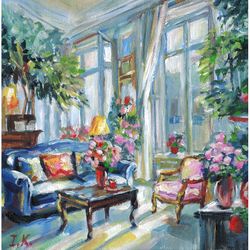 interior of a sunny room with large windows and a blue sofa. original acrylic painting 8x8''