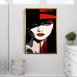woman in red hat canvas wall art, woman with red lipstick canvas print art, beautiful woman canvas wall decor