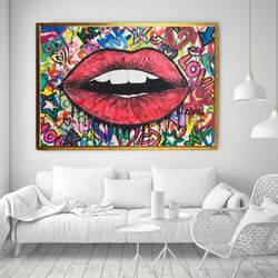 lip graffiti canvas painting, lip canvas print, grafiti lip canvas wall decor, colorful lip canvas print, pop art, graff