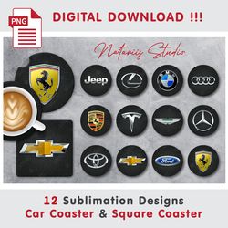 12 Inspired Cars Coaster Templates - Car Coaster Design - Sublimation Waterslade Pattern - Digital Download